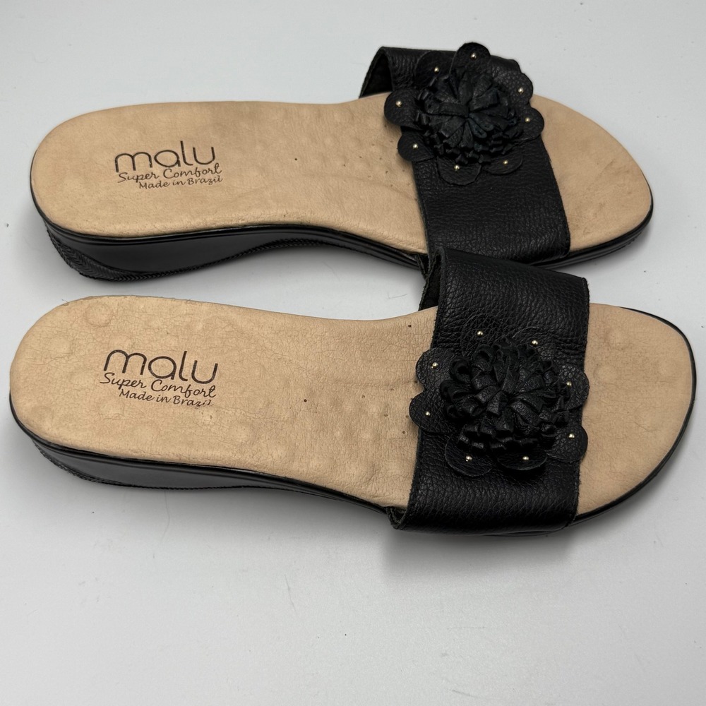 Malu Women's Black Leather Slide Sandals Comfort Made‎ in Brazil Size 8